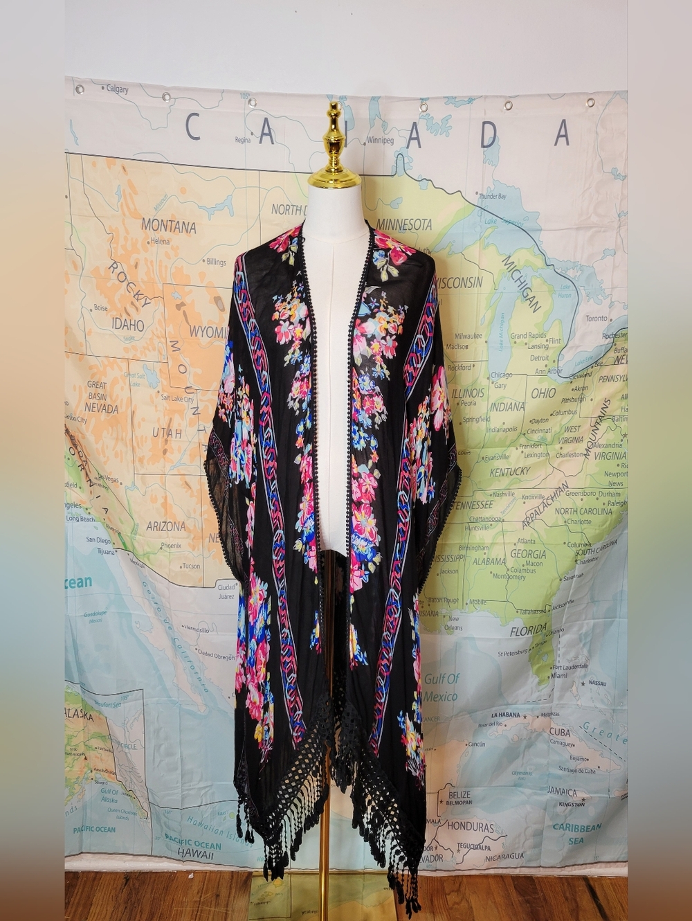 Woven Heart Bohemian Black & Pink Floral Fringe Kimono One Size Fits All
